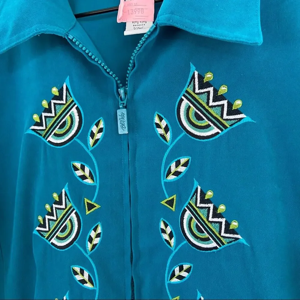Bob Mackie L Wearable Art Teal Embroidered Floral Zip Lightweight Jacket